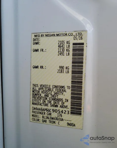 2016 Nissan Maxima 3.5 Sl из США, поврежденный, VIN 1N4AA6AP6GC905423